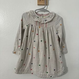 Baby Boden Flower Embroidered Oatmeal Grey Long Sleeve Dress Frill Neck Girls 2-